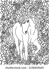 Unicorn Walking Flower Coloring Page for Adults