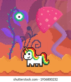 Unicorn walks along orange pixel alien street with flames. Space flowers for game interface