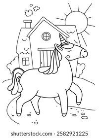 Сute unicorn walks around the house. Sunshine. Black and white coloring.