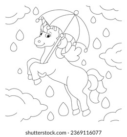 A unicorn walks in the sky in the rain with an umbrella. Coloring book page for kids. Cartoon style character. Vector illustration isolated on white background.