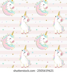 Unicorn wallpaper. Seamless pattern with unicorns, gold horn. Gentle backgrounds in pastel colors. 