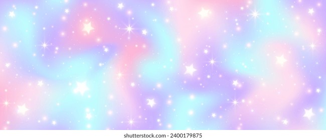 El cielo ondulado unicornio con estrellas. Fondo borroso degradado con brillo. Papel pintado de fantasía holográfica rosa y azul.