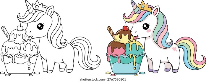 Unicorn wearing a crown while eating a colorful ice cream dessert in a playful scene with clean vector outlines designed for kids coloring pages and fun food themed projects