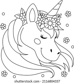 Unicorn Wearing A Flower Wreath Coloring Page 