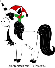The unicorn is wearing a Santa hat. Christmas. New Year. White background.