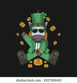 A unicorn wearing a St. Patrick costume and tossed a coin around him vector 