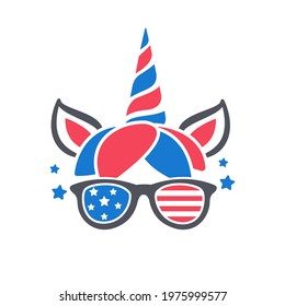 Unicorn wears glasses and accessories with American flag pattern. isolate on white background.