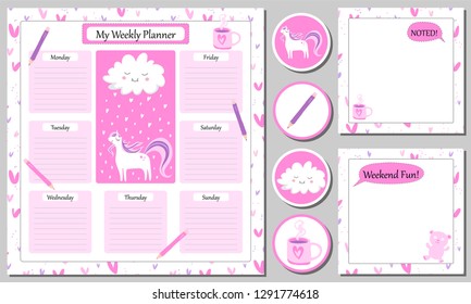 Unicorn weekly stationery planner and daily organizer for girs, Monday to Sunday schedule. Cute vector elements and funny stickers. Noted and Weekend Fun pages. Colorful illustrations. Isolated. EPS8.