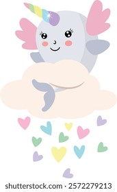 Unicorn Whale Floating on a Cloud with Hearts
