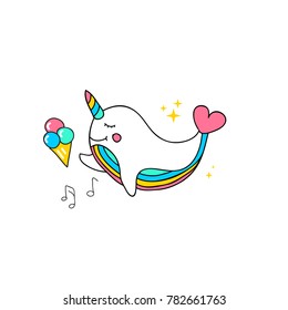 Unicorn whale with heart flipper vector icon isolated on white. Sillouette ice cream cone and music notes sticker, patch badge. Cute magic cartoon fantasy animal. Dream symbol. Design for children