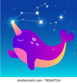 Unicorn whale with heart flipper vector illustration on night starry sky and glowing constellation.  Cute magic cartoon fantasy animal. Dream symbol. Design for children or web