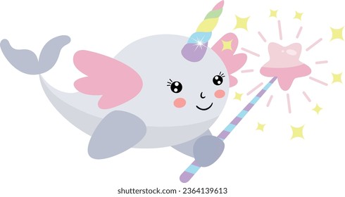 Unicorn whale with wings holding a star magic wand
