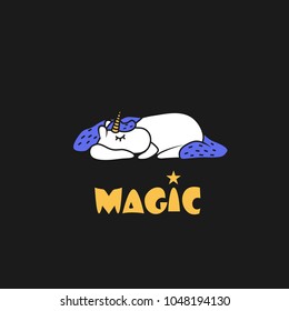 The unicorn is white with a blue mane on a dark gray background. The unicorn is asleep. The inscription "magic". Eps10