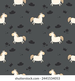 Unicorn white cartoon so cute. On cloud crown star gray background. Pattern seamless vector illustration. 
