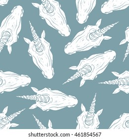 unicorn white head blue background pattern