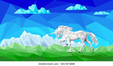 Unicorn white polygon on a background of blue sky with clouds and nature with the mountains.