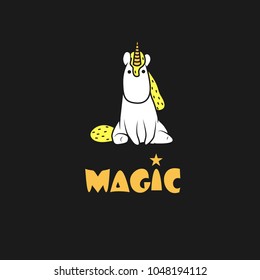 The unicorn is white with a yellow mane on a dark gray background. The unicorn sits. The inscription "magic". Eps10