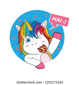 unicorn who is greeting with lollipop cartoon