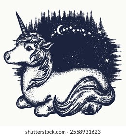 Unicorn and wild forest tattoo and t-shirt design. Symbol of dreams, fairy tales, imagination. Black and white vector graphics