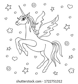 Unicorn with wings hand drawn by a black line. Decoration. Staining. Isolated object white background. Children's vector illustration for postcard, social network, print t-shirt.