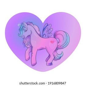 Unicorn with wings on a heart background in a watercolor style