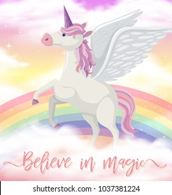 Unicorn with wings on rainbow sky illustration