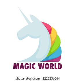 Unicorn with wings and pink tail and mane. Pegasus mythological fantastic creature able to fly, stars on horse having fringe. Stallion isolated on purple circle background vector illustration