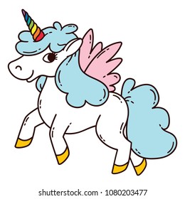 Unicorn with wings. Vector illustration isolated on white background. Card and shirt design.
