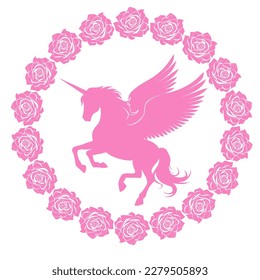 Unicorn with wings in a wreath of roses. Vector pink romantic pegasus silhouette.