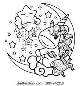 Unicorn winks sitting on the moon among the clouds and stars. Fantastic animal. Doodle style. Black and white image for the design of coloring books, prints, posters, tattoos, postcards. Vector