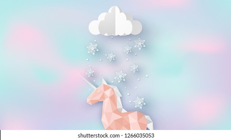 Unicorn in winter on lovely color. Cute unicorn with snowflakes for winter on pastel background. paper cut and craft style. vector, illustration.