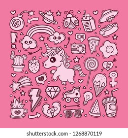 Unicorn World Hand Drawn Doodle Color Vector Pink Background