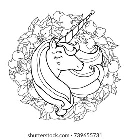 Unicorn and wreath of apple tree branch. Magical animal. Vector artwork. Black and white. Coloring book pages for adult. Zentangle Illustration. Fairy tale concept, wonderland. Wedding invitation card