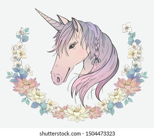 Unicorn in a wreath of flowers