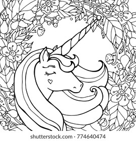 Unicorn and wreath of flowers. Magical animal. Vector artwork. Black, white. Coloring book page for adult, kid. Love bohemia concept for wedding invitation card, ticket, branding, boutique logo, label