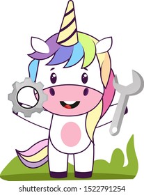 Unicorn with wrench, illustration, vector on white background.