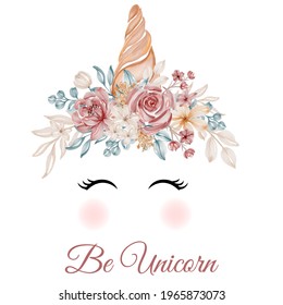 Unicorn yellow greenery rose flower wreath, green leaves, frame. Spring ornament concept. Floral poster, invite. Vector layout decorative greeting card or invitation design watercolor background. 