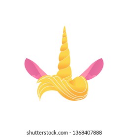 Unicorn yellow horn with hair and pink ears vector illustration - isolated cute colorful fairy animal element for birthday party congratulation or invitation design in cartoon style.