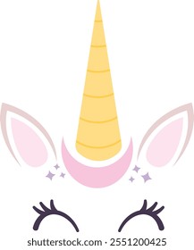 A unicorn with a yellow horn and pink eyes