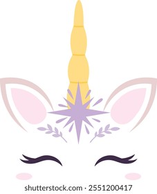 A unicorn with a yellow horn and purple flowers on its head