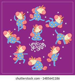 Unicorn Yoga. Lettering. Collection of Funny Unicorn Character practicing Yoga Exercises Vector Illustration. Circle drawing. 