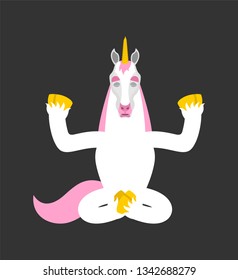 Unicorn yoga. Magic horse yogi isolated. Fairy Beast Relaxation and meditation. Vector illustration
