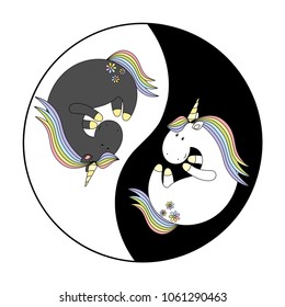 Unicorn in yoga. Yin Yang magic cute unicorn. Fashion stickers collection. Vector illustration.