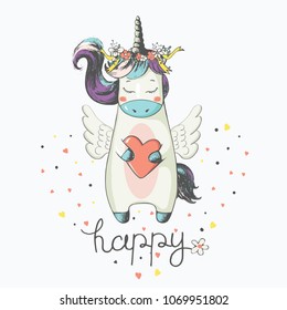 Unicorn.cartoon hand drawn vector illustration. Can be used for baby t-shirt print, fashion print design, kids wear, baby shower celebration greeting and invitation card.