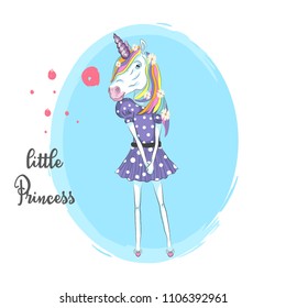 Unicorn.cartoon hand drawn vector illustration. Can be used for t-shirt printing.