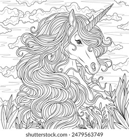 Unicorn.Coloring book antistress for children and adults. Illustration isolated on white background. Hand draw