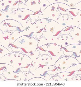 Unicorns animals vector seamless pattern.
