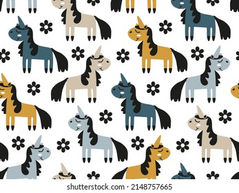 Unicorns for baby fabric print. Pattern with pony for cute children's designs of clothes, textile, products in Scandinavian style. Seamless nursery wallpaper with nice horse. Cartoon animals for kids.