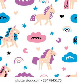 Unicorns for baby fabric print. Pattern with pony for cute children's designs of clothes, textile, product. Seamless nursery wallpaper with nice horse. Cartoon animals for kids.