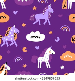 Unicorns for baby fabric print. Pattern with pony for cute children's designs of clothes, textile, product. Seamless nursery wallpaper with nice horse. Cartoon animals for kids.